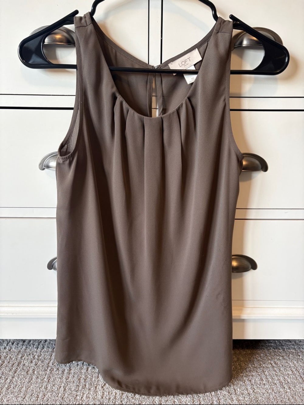 LOFT Sleeveless Pleated Neck Blouse in Olive Green